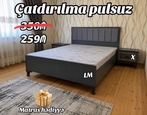 Yataq dəsti – modern dizaynlı, boz rəng tonlarında, yumşaq başlıq — Sumqayıt