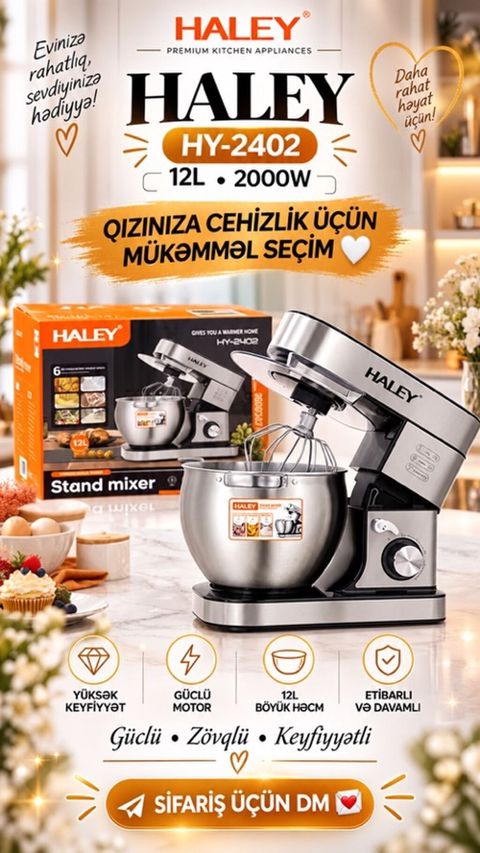 Haley HY-2402 stasionar mikser - Güc: 2000W - Kasanın həcmi: 12 litr — 195 ₼ · Bakı · Blenderlər, xırdalayanlar və mikserlər Haley HY-2402 stasionar mikser - Güc: 2000W - Kasanın həcmi: 12 litr — Bakı