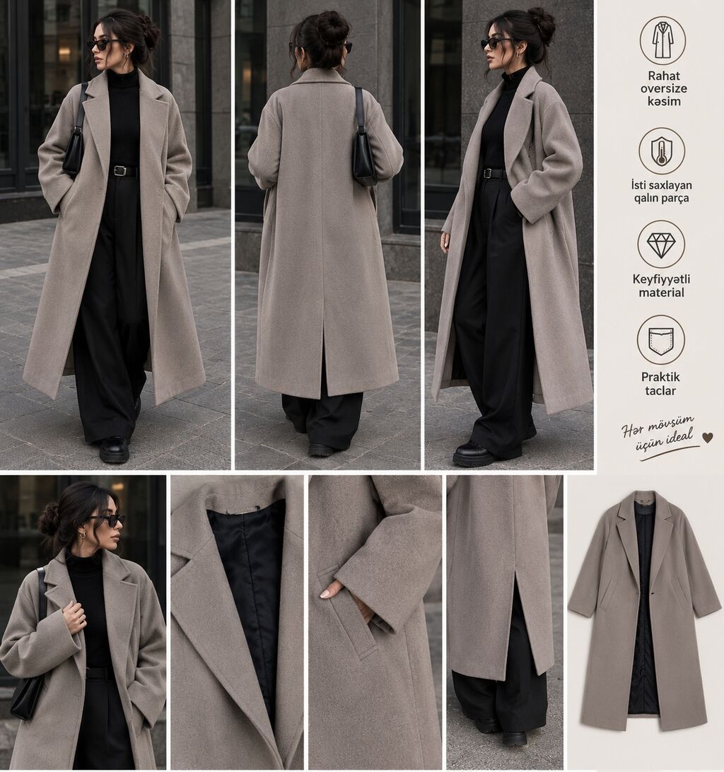 Qadın uzun palto – oversize kəsim, qalın və isti saxlayan parça — Palto, Bakı