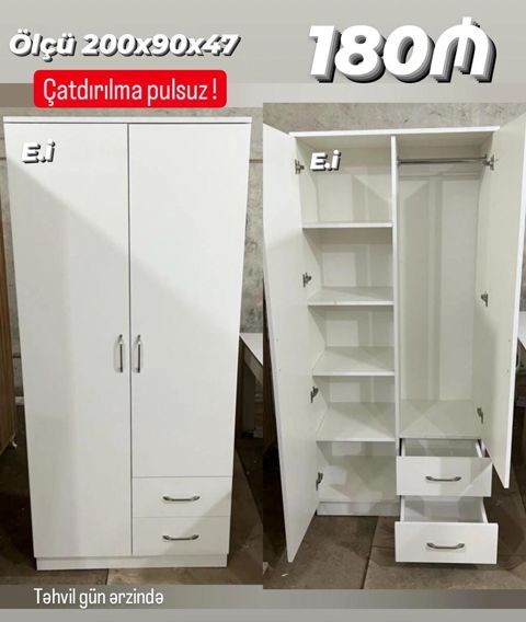 Ağ rəngli ikiqapılı paltar dolabı - Ölçü: 200 x 90 x 47 sm - Daxili — Digah