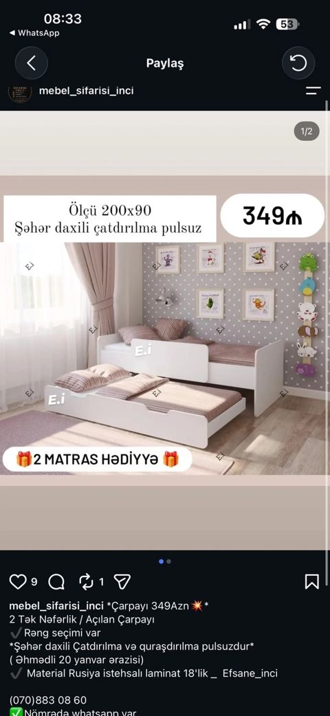 İki mərtəbəli açılan çarpayı – uşaq/yeniyetmə otaqları üçün funksional — 349 ₼ · Bakı · Yataqlar İki mərtəbəli açılan çarpayı – uşaq/yeniyetmə otaqları üçün funksional — Bakı