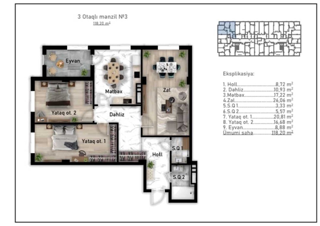 Satılır 3 otaqlı yeni tikili 118 m² — Mənzil, Bakı (7)