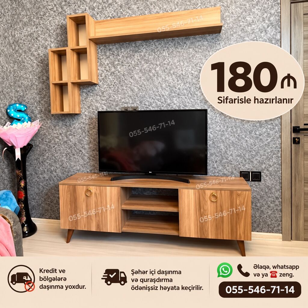TV stendi və divar rəfi dəsti - Material: taxta teksturalı Mdf/ldsp — Televizor altlıqları və standlar, Bakı