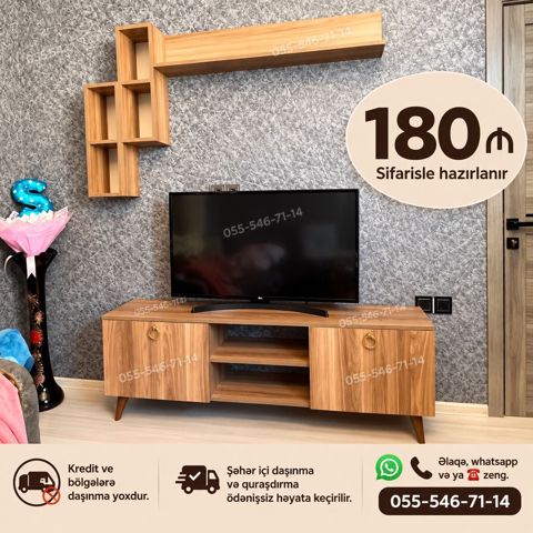 TV stendi və divar rəfi dəsti - Material: taxta teksturalı Mdf/ldsp — 180 ₼ · Bakı · Televizor altlıqları və standlar TV stendi və divar rəfi dəsti - Material: taxta teksturalı Mdf/ldsp — Bakı