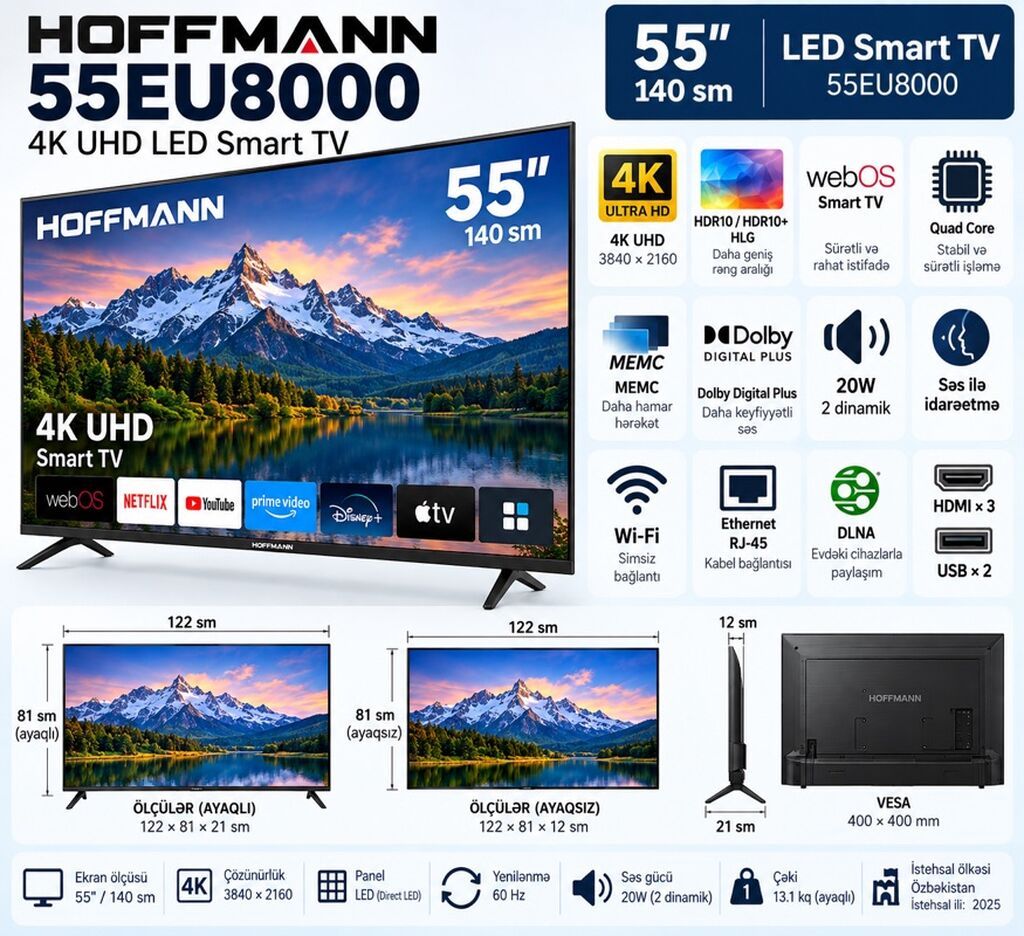 Hoffmann 55EU8000 – 55" (140 sm) 4K UHD LED Smart TV - Ekran: 55", 4K — Televizorlar, Masallı