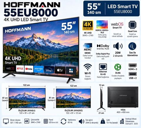 Hoffmann 55EU8000 – 55" (140 sm) 4K UHD LED Smart TV - Ekran: 55", 4K — Masallı