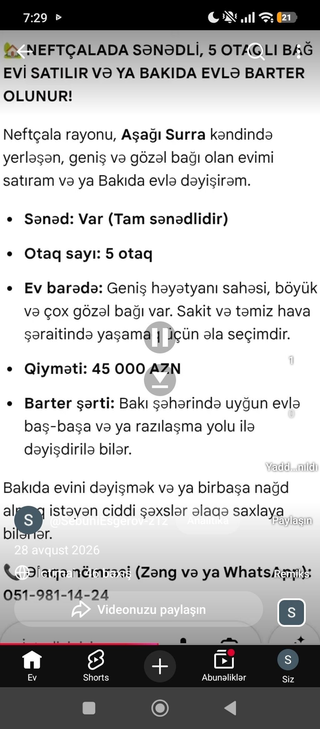 Neftçala rayonu, Aşağı Surra kəndində yerləşən sənədli 5 otaqlı bağ — Ev, villa, Digah