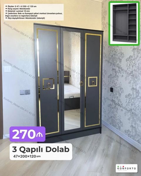 3 qapılı geyim dolabı - Ölçülər: 47 200 120 sm - Material: 18 — Bakı