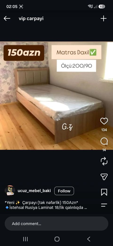 Tək nəfərlik çarpayı – matrassız deyil, matras daxil - Ölçü: 200×90 sm — 150 ₼ · Xırdalan · Yataqlar Tək nəfərlik çarpayı – matrassız deyil, matras daxil - Ölçü: 200×90 sm — Xırdalan
