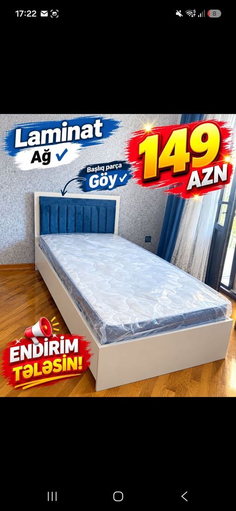 Məhsul: Tək nəfərlik çarpayı - Korpus: laminat - Rəng: ağ - Başlıq — 149 ₼ · Xırdalan · Yataqlar Məhsul: Tək nəfərlik çarpayı - Korpus: laminat - Rəng: ağ - Başlıq — Xırdalan