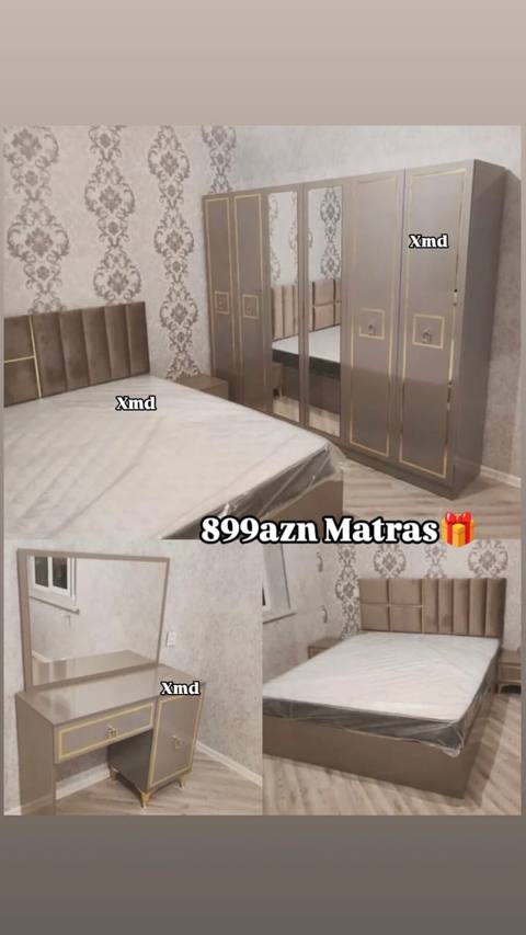 Yataq otağı dəsti Tərkibi: - 2 nəfərlik çarpayı (yumşaq başlıq — საძინებლის ავეჯის კომპლექტები
