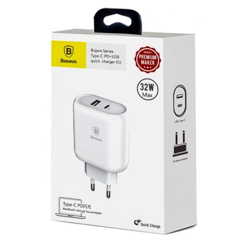 Şəbəkəli enerji toplama cihazı Baseus Bojure SeriesType-C PD-U quick charge charger EU 32W set White (TZTUN-BJ02) — Bakı