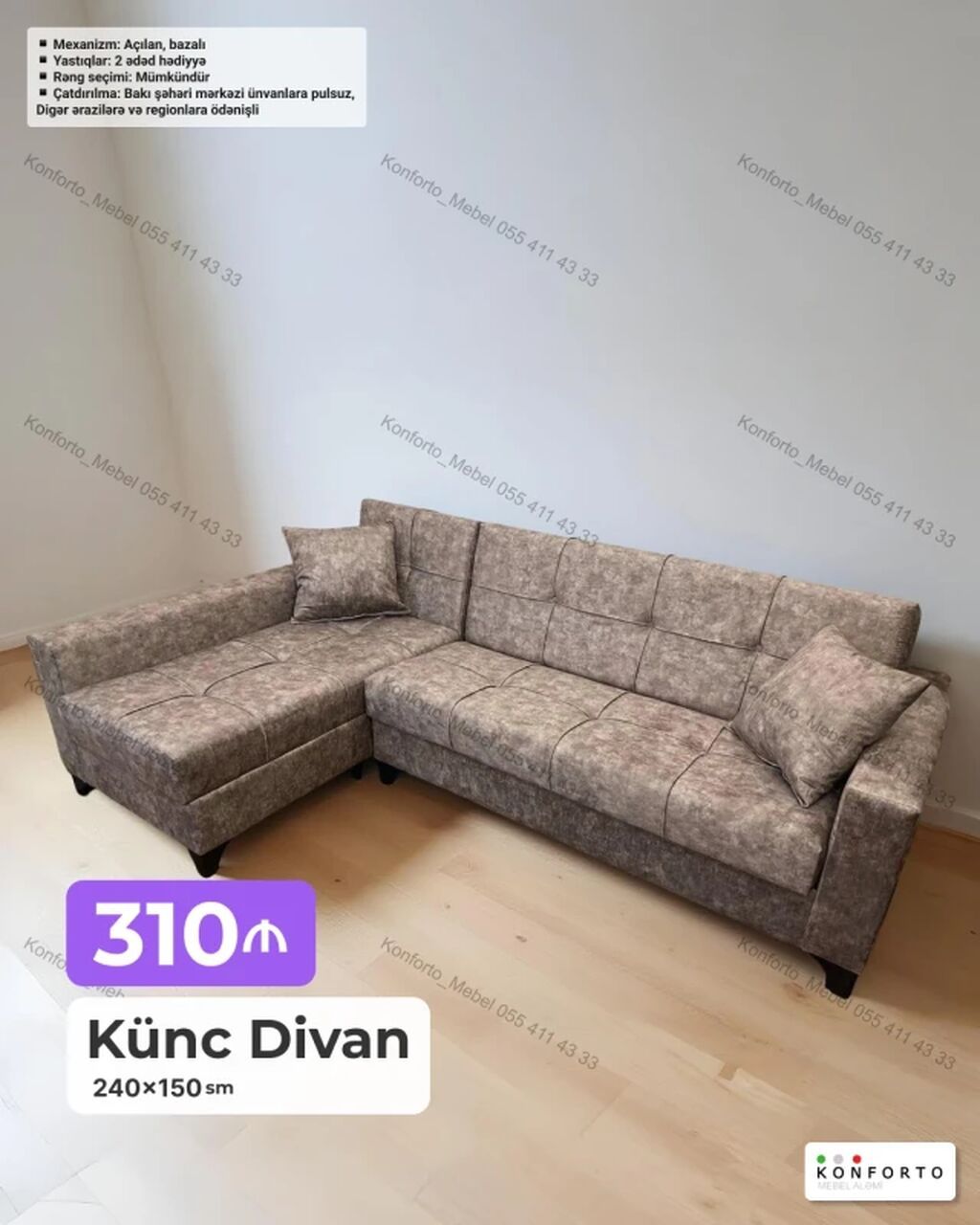 Künc divan – 240×150 sm - Mexanizm: açılandır, bazalı (yataq — Divanlər, Bakı