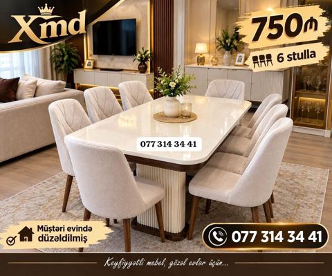 Yemək otağı dəsti – 6 stul ilə - Şık dizaynlı düzbucaqlı masa, parlaq — 750 ₼ · Bakı · Masalar və stullar Yemək otağı dəsti – 6 stul ilə - Şık dizaynlı düzbucaqlı masa, parlaq — Bakı