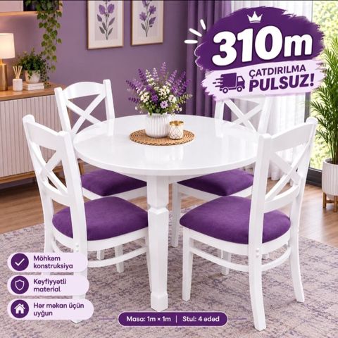 Ağ rəngli, dairəvi yemək masası və 4 ədəd stul dəsti. Xüsusiyyətlər — sifaris_yeni_mebel_Gülü_Hüseyn