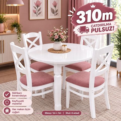 Ağ rəngli, zərif yemək dəsti: - Dairəvi masa: ölçü 1 m 1 m - 4 ədəd — 310 ₼ · Bakı · Masalar və stullar Ağ rəngli, zərif yemək dəsti: - Dairəvi masa: ölçü 1 m 1 m - 4 ədəd — Bakı
