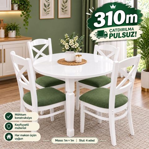 Ağ rəngli dairəvi yemək masa–stul dəsti - Komplekt: 1 masa + 4 stul — 310 ₼ · Bakı · Masalar və stullar Ağ rəngli dairəvi yemək masa–stul dəsti - Komplekt: 1 masa + 4 stul — Bakı