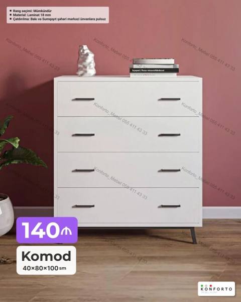 Ağ rəngli komod – 4 çekmecəli, minimalist dizayn. Ölçülər: 40×80×100 — Bakı