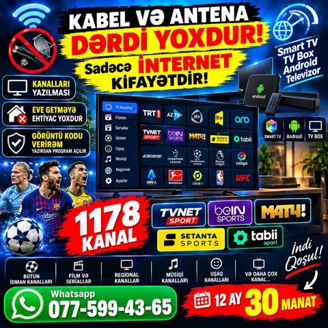 Smart TV/Android TV Box üçün internet üzərindən TV xidməti - Kabel və — 30 ₼ · Bakı · TV qabları və media pleyer Smart TV/Android TV Box üçün internet üzərindən TV xidməti - Kabel və — Bakı