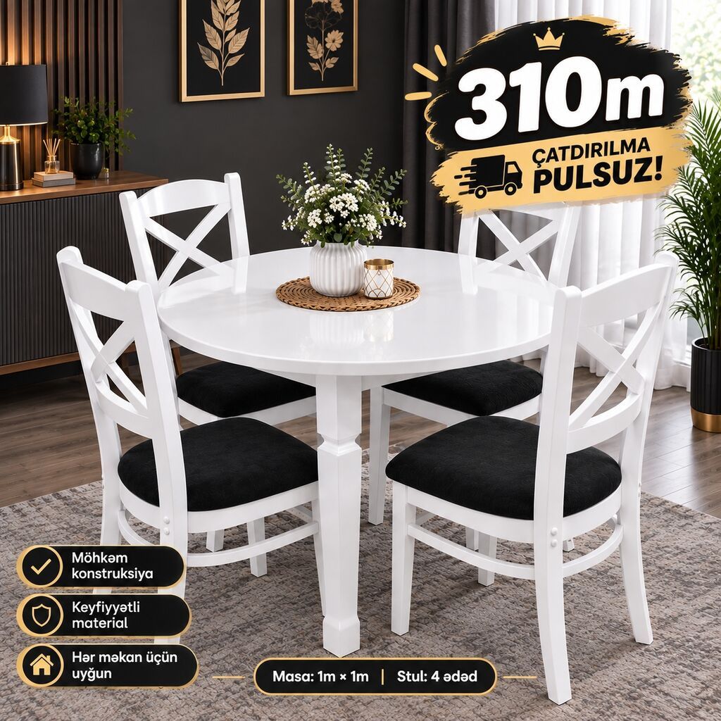 Ağ rəngdə yemək otağı dəsti – dairəvi masa və 4 ədəd stul - Masa — Masalar və stullar, Bakı