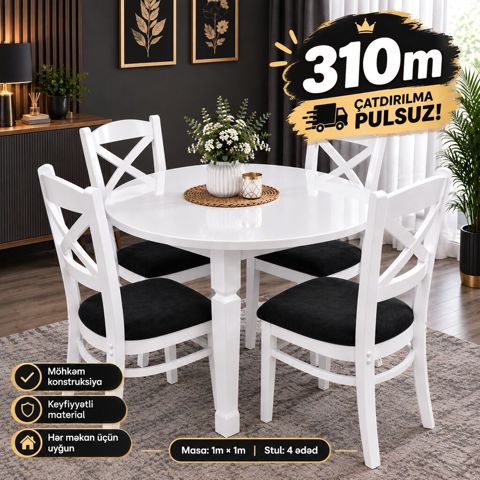 Ağ rəngdə yemək otağı dəsti – dairəvi masa və 4 ədəd stul - Masa — 310 ₼ · Bakı · Masalar və stullar Ağ rəngdə yemək otağı dəsti – dairəvi masa və 4 ədəd stul - Masa — Bakı