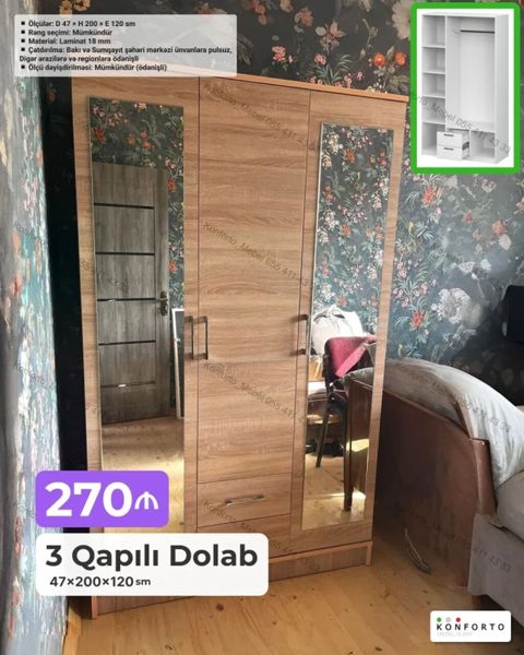 3 qapılı geyim dolabı - Ölçülər: Dərinlik 47 sm Hündürlük 200 sm — Bakı