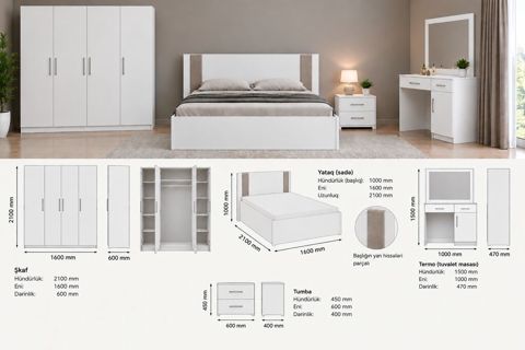 Yataq otağı dəstı – minimalist ağ dizayn, neytral bej detallarla — Bakı