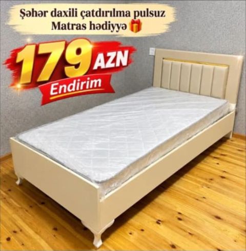 Bir nəfərlik çarpayı – klassik dizayn, krem rəngli karkas və yumşaq — Bakı