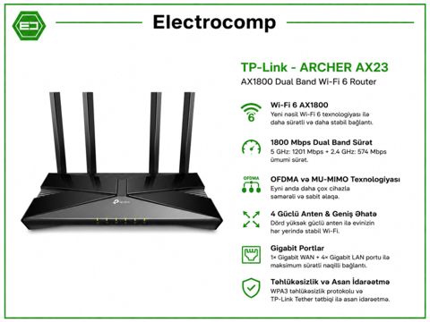 TP-Link Archer AX23 – AX1800 Dual Band Wi-Fi 6 Router — Bakı