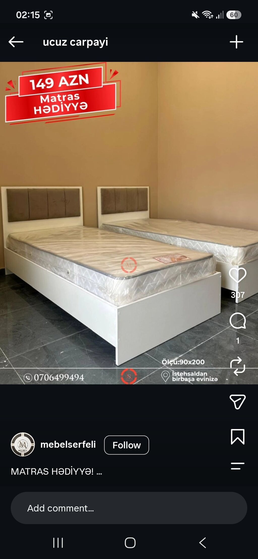 Ucuz tək nəfərlik çarpayı - Ölçü: 90x200 - Rəng: ağ korpus, yumşaq — Yataqlar, Xırdalan
