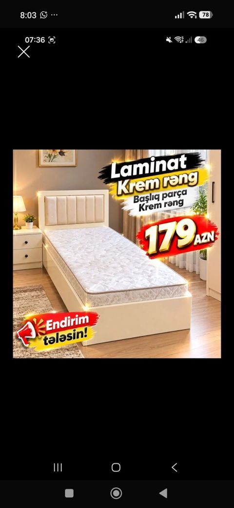 Laminat tək nəfərlik çarpayı – krem rəngdə - Korpus: laminat material — Bakı