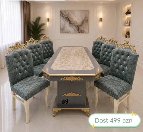 Zərif klassik üslublu yemək otağı dəsti. Dəst 1 ədəd geniş süfrə və 6 — 499 ₼ · Баку · Masalar və stullar Zərif klassik üslublu yemək otağı dəsti. Dəst 1 ədəd geniş süfrə və 6 — Баку