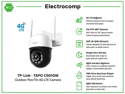 TP-Link Tapo C501GW Outdoor Pan/Tilt 4G LTE Camera — 165 ₼ · Bakı · Ağıllı ev və təhlükəsizlik TP-Link Tapo C501GW Outdoor Pan/Tilt 4G LTE Camera — Bakı
