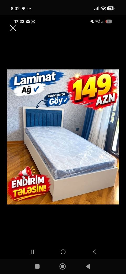 Laminat tək nəfərlik çarpayı - Rəng: ağ korpus - Başlıq: göy rəngdə — Bakı
