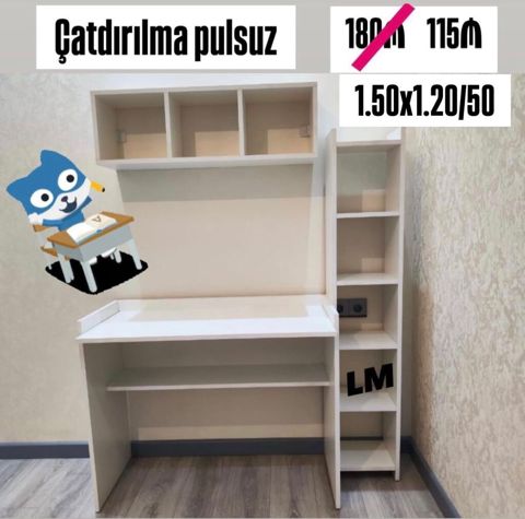 İş masası və rəf sistemi - Rəng: ağ - Ölçülər: 1.50 x 1.20 / 50 — Bakı