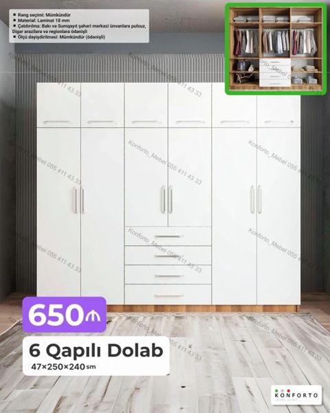 6 qapılı paltar dolabı – 47×250×240 sm ölçüdə - Material: 18 mm — Bakı