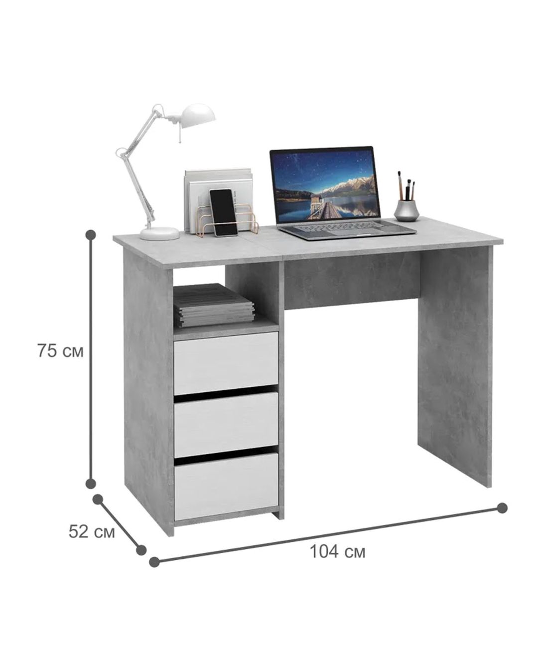 Kompüter masası Letta 3563_M25Stol3PlokiOtkritiyBetmix, Ldsp, 75x52x104 sm, boz/ağ — Mallar, Bakı (2)