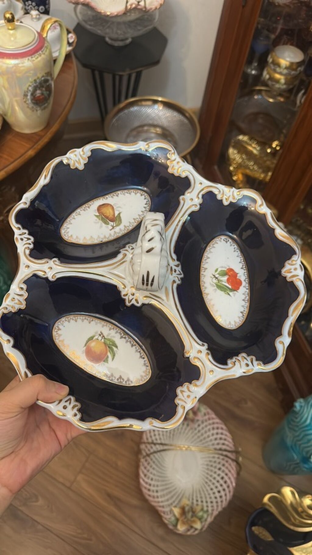 Porcelain meyvə/şirniyyat qabı – 3 bölməli, tutacaqlı - Material — Süfrə qabı, Xırdalan (2)