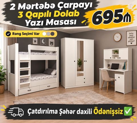 Uşaq otağı dəsti – 2 mərtəbəli çarpayı, 3 qapılı dolab və yazı masası — 695 ₼ · Bakı · Uşaq mebeli dəstləri Uşaq otağı dəsti – 2 mərtəbəli çarpayı, 3 qapılı dolab və yazı masası — Bakı
