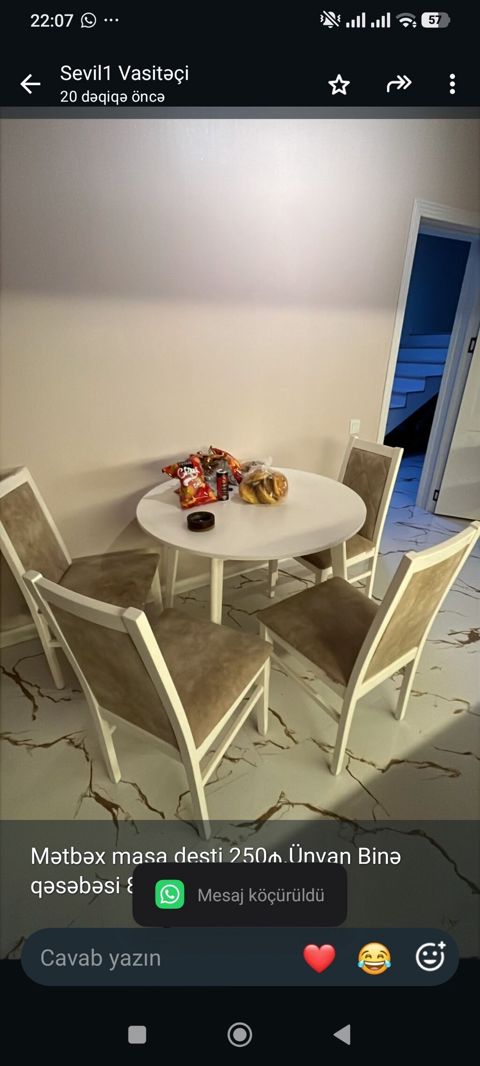 Mətbəx masa desti 250₼.Ünvan Binə qəsəbəsi 8380 Sevil1 — 250 ₼ · Bakı · Masalar və stullar Mətbəx masa desti 250₼.Ünvan Binə qəsəbəsi 8380 Sevil1 — Bakı