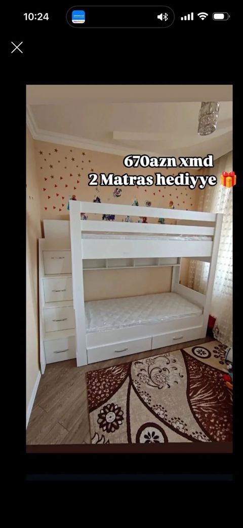 İki mərtəbəli uşaq çarpayısı – ağ rəngdə, funksional dizayn — Bakı