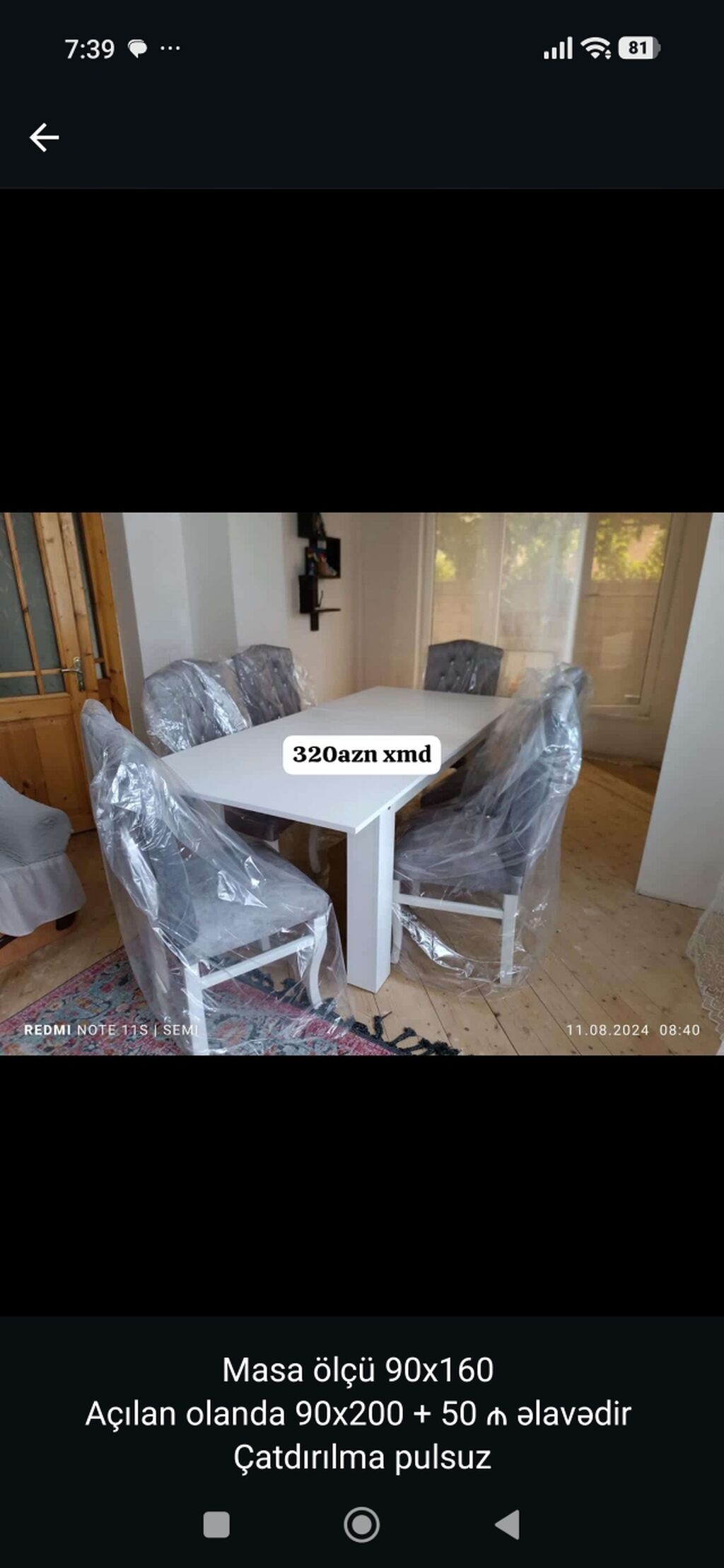 Açılan yemək masası və 4 ədəd stul dəsti - Masa ölçüsü: 90 160 sm — Masalar və stullar, Bakı