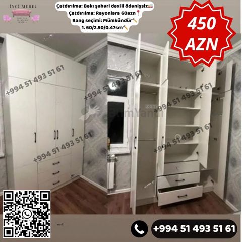 Ağ rəngli çoxfunksiyalı qarderob şkafı - Ölçü: 1.60/2.50/0.4 — Bakı