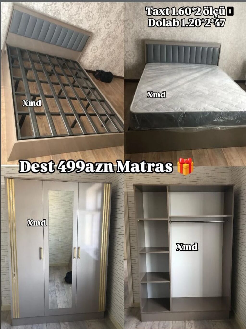 Yataq otağı dəsti Tərkib: - Taxt: 1.60 2.00 m ölçüdə, yumşaq — Yataq otağı mobilya dəstləri, Bakı