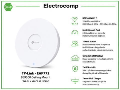 TP-Link EAP772 – BE9300 Ceiling Mount Wi-Fi 7 Access Point — 483 ₼ · Bakı · Şəbəkə və server avadanlığı TP-Link EAP772 – BE9300 Ceiling Mount Wi-Fi 7 Access Point — Bakı