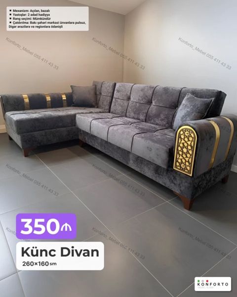 Künc Divan – 260×160 sm - Rəng seçimi: mümkündür (fərqli rənglərdə — Bakı