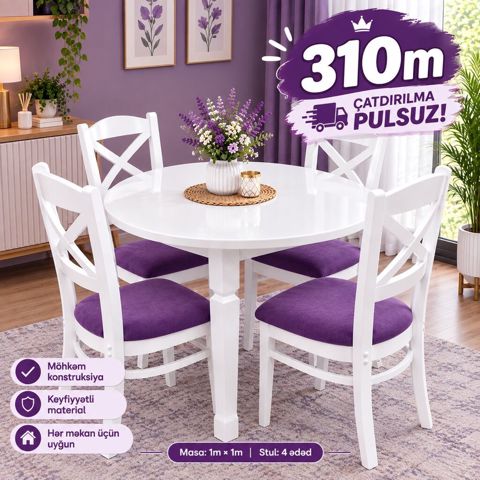 Ağ rəngli yemək otağı dəsti – dairəvi masa və 4 ədəd stul - Masa — 310 ₼ · Bakı · Masalar və stullar Ağ rəngli yemək otağı dəsti – dairəvi masa və 4 ədəd stul - Masa — Bakı