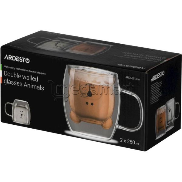 Fincan dəsti Ardesto Doublewall mug set with handles Animals, 250ml, 2pcs, borosilicate glass, transparent (AR2625GHA) — Bişirmə qabları, Bakı (2)