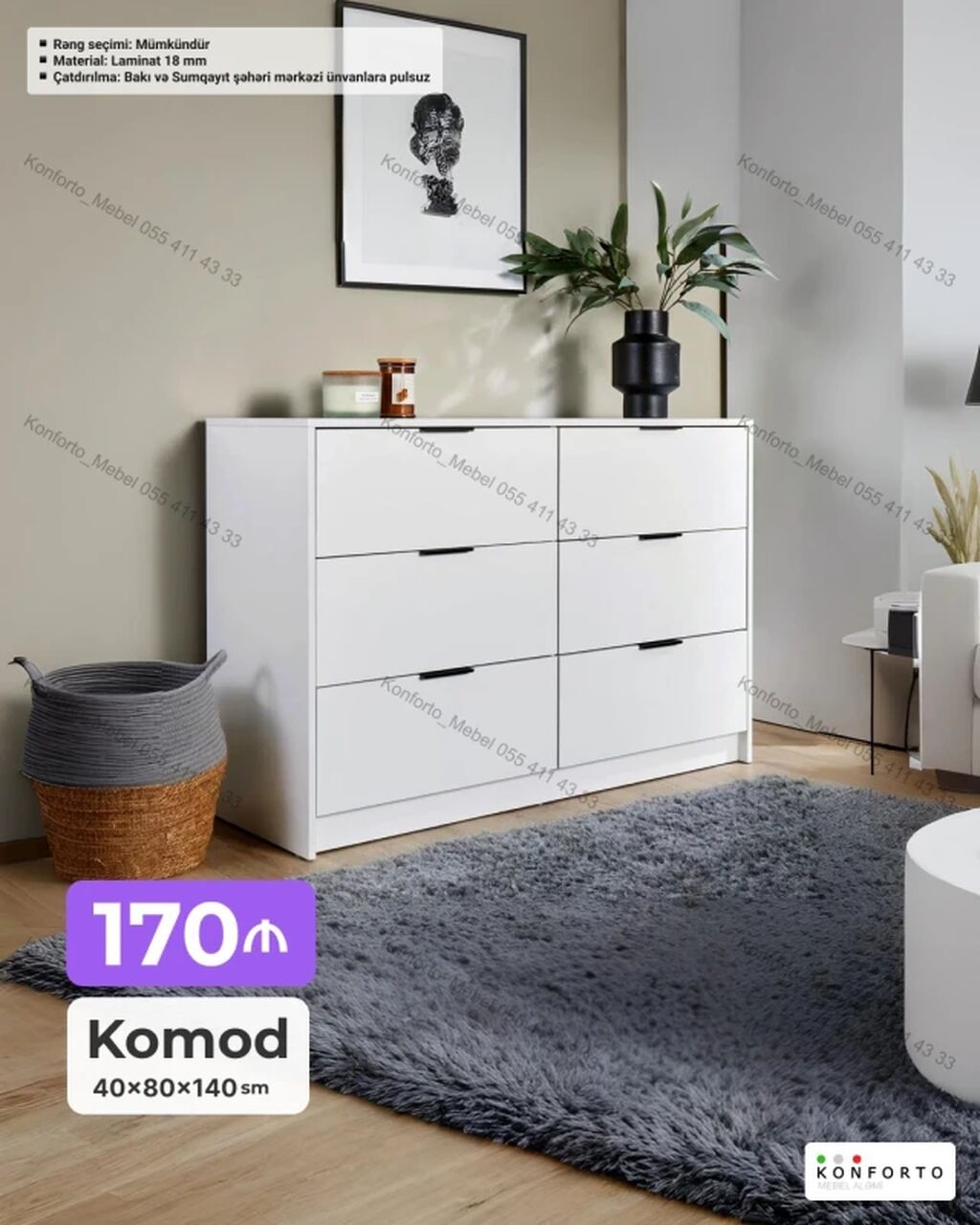 Ağ rəngli, müasir dizaynlı komod - Ölçülər: 40×80×140 sm - Material — Komodlar və tumbalı, Bakı