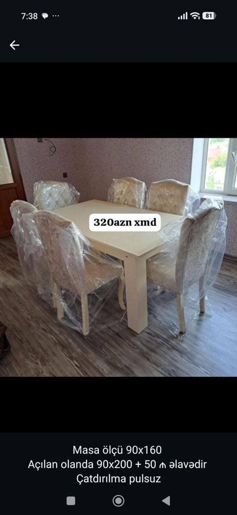 Açılan yemək masası və 6 stul dəsti - Masa ölçüsü: 90×160 sm - Açılan — 320 ₼ · Bakı · Masalar və stullar Açılan yemək masası və 6 stul dəsti - Masa ölçüsü: 90×160 sm - Açılan — Bakı